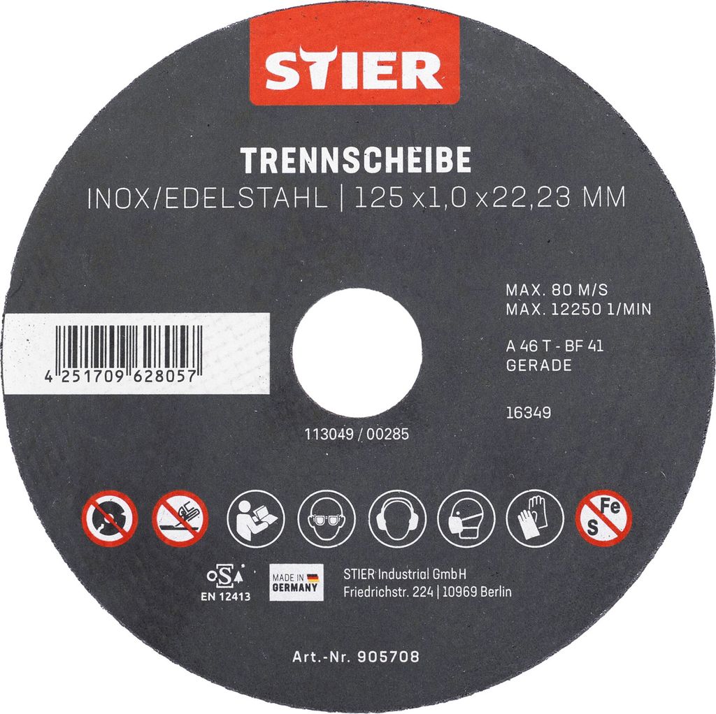 STIER Trennscheibe Edelstahl 125 x 1,0 x 22,23 mm, Form gerade