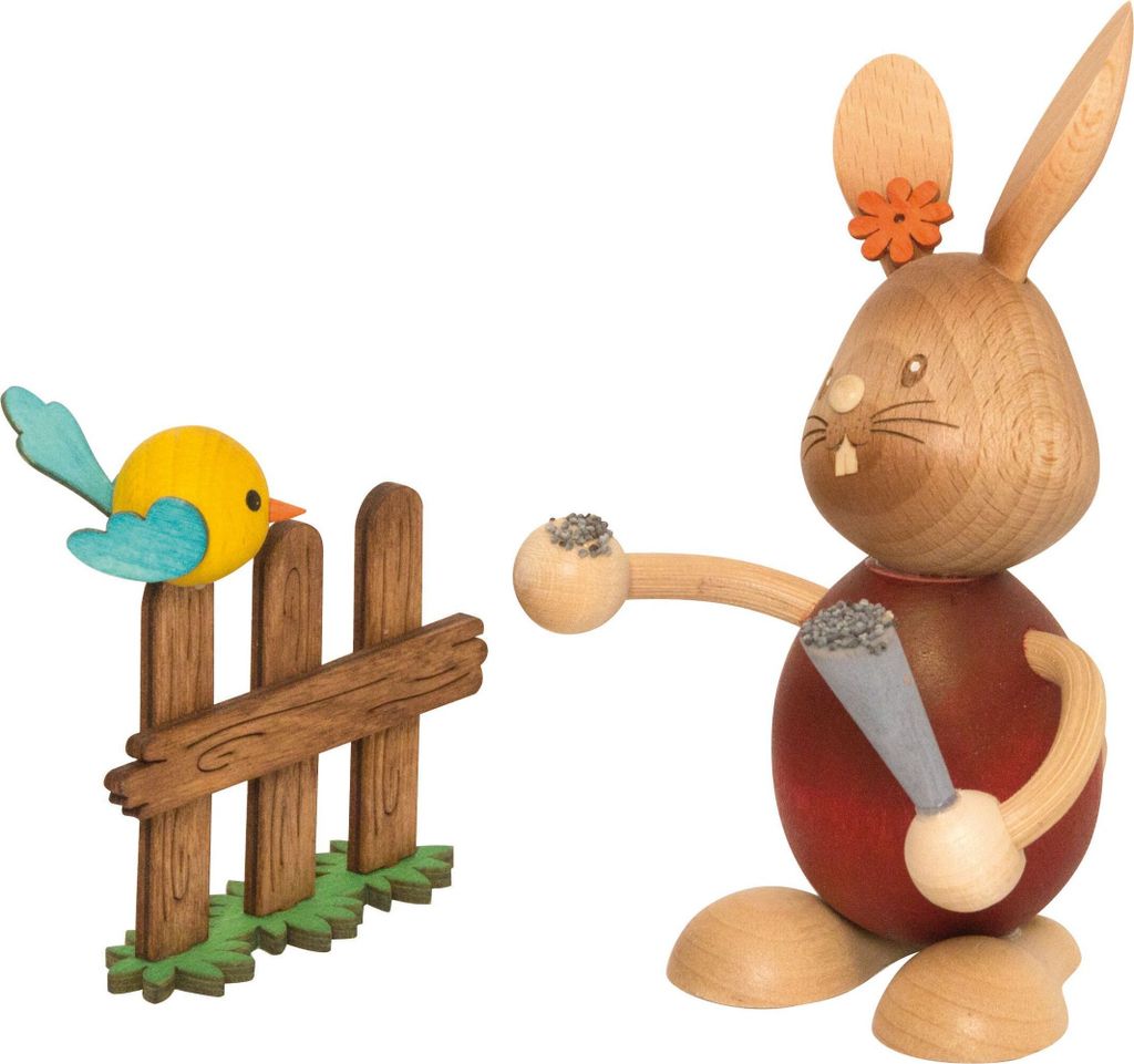 Drechslerei Kuhnert - Dekofigur aus Holz - Hase Stupsi mit Vogel - ca. 12cm