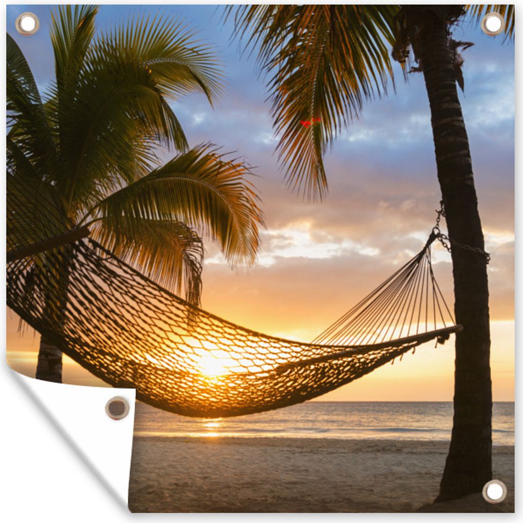 MuchoWow Outdoor-Poster Gartendeko Sichtschutz Garten Poster für den Garten Sonnenuntergang - Hängematte - Palme 50x50 cm
