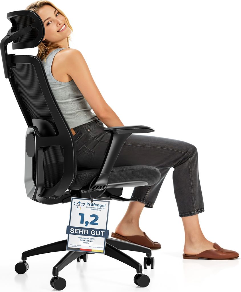 Desktronic Bürostuhl Ergonomisch SitOne, Verstellbarer, Schwarz, 4-Dimensional Armlehne, Integrierte 4-Wege-Lendenwirbelstütze