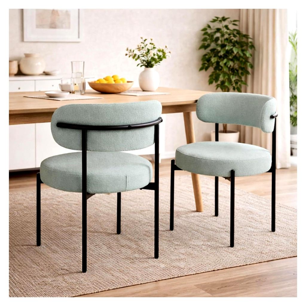 Esszimmerstühle im 2er Set | Mint | Teddystoff Bezug | Grün | Polsterstuhl | 49 cm Sitzhöhe | Schwarze Metallfüße