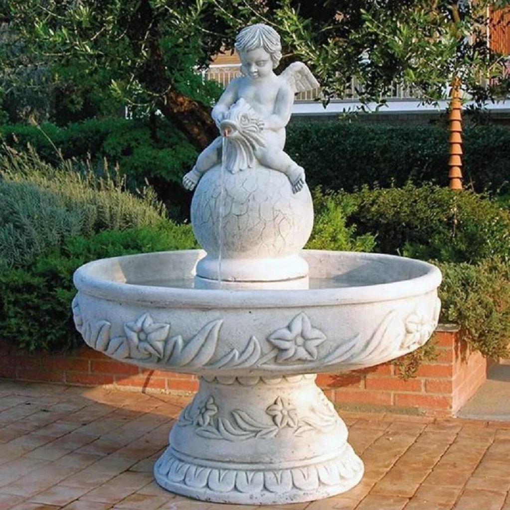 Casa Padrino Barock Springbrunnen Engel Grau Ø 125 x H. 153 cm - Runder Gartenbrunnen im Barockstil - Runder Gartendeko Brunnen - Barock Garten De...