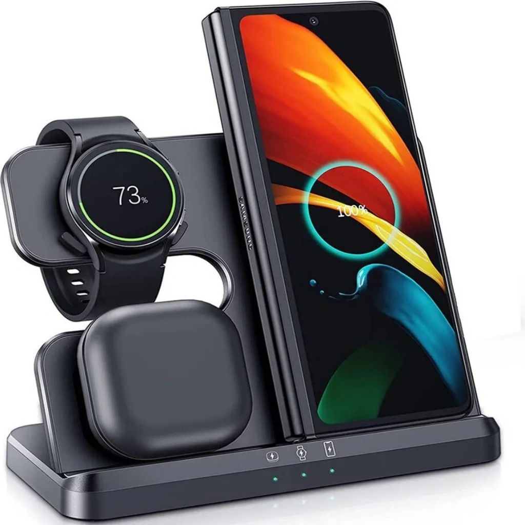Induktive Ladestation fur Samsung 3 in 1 Ladestation Induktions-Ladegerat (Kompatibel mit Galaxy Watch und allen Samsung s23 Ultra S23 Serien)