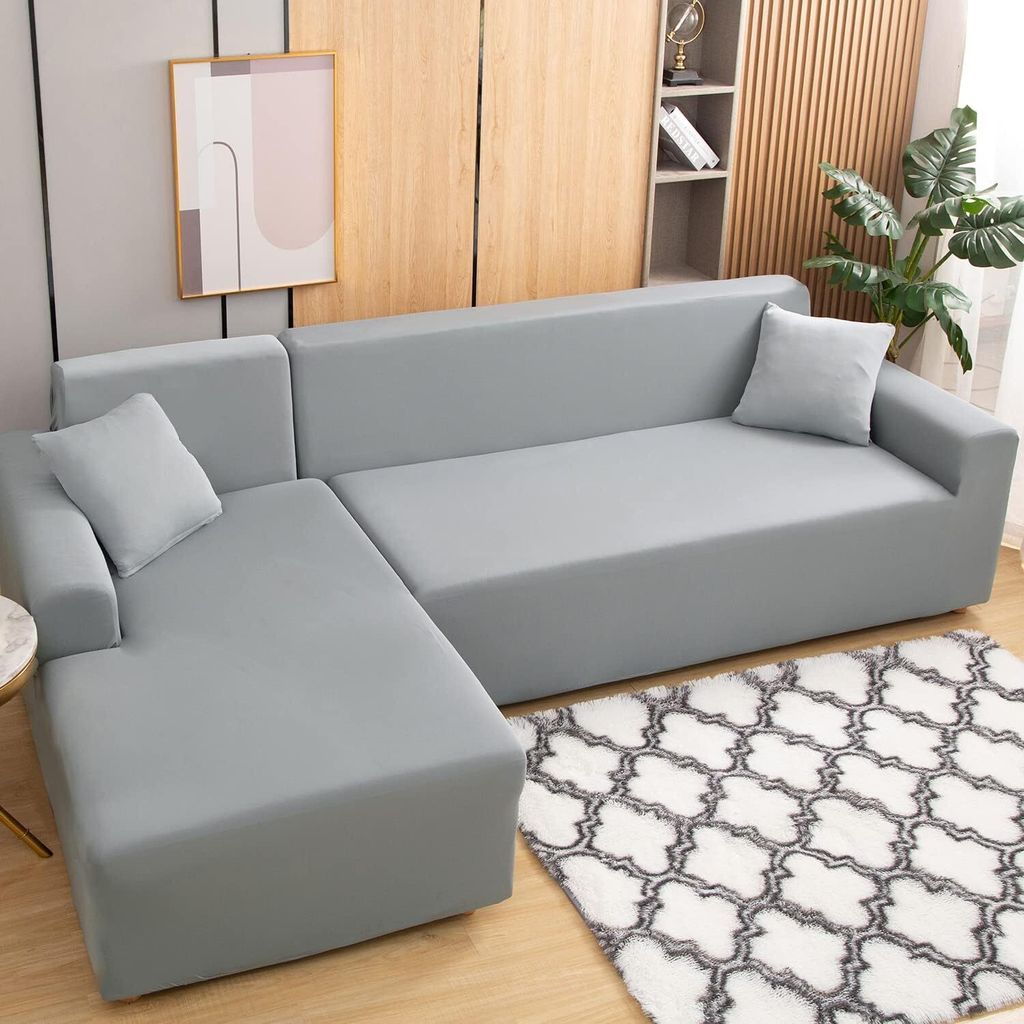Elastisch Sofabezug Ecksofa L Form Sofahusse Sofa Überwurf Sofaüberwurf Couch Bezug, für Ecksofa (3-Sitzer+3-Sitzer),Hellgrau
