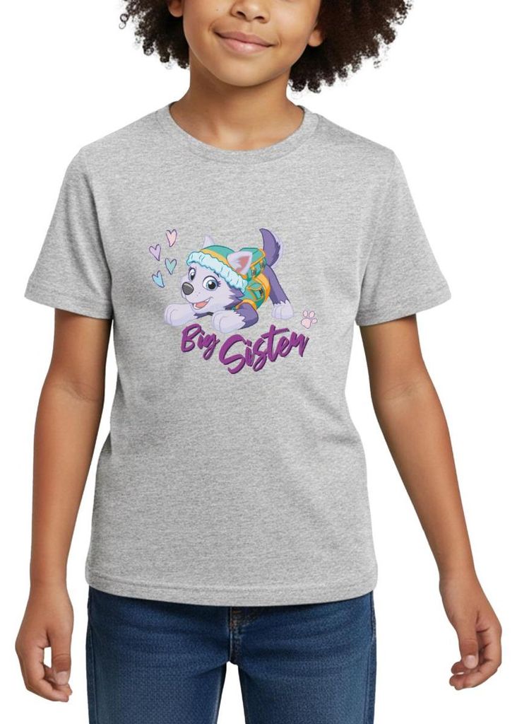 Spreadshirt Paw Patrol Große Schwester Everest Geschenk Kinder T-Shirt, 110/116 (5-6 Jahre), Grau meliert