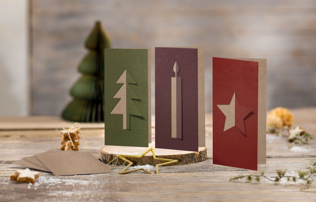 Weihnachtskarte-Set DL 225g 10+10 Stück Kraftkarton Cut-out style Packung mit 15 Stück