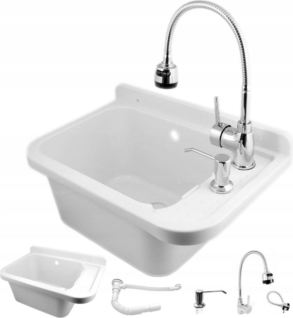 Granitan | Spülbecken Spülen GARAGE, HEIZRAUM - Weiß - Chemikalienbeständig - Mit FLEXI Armatur