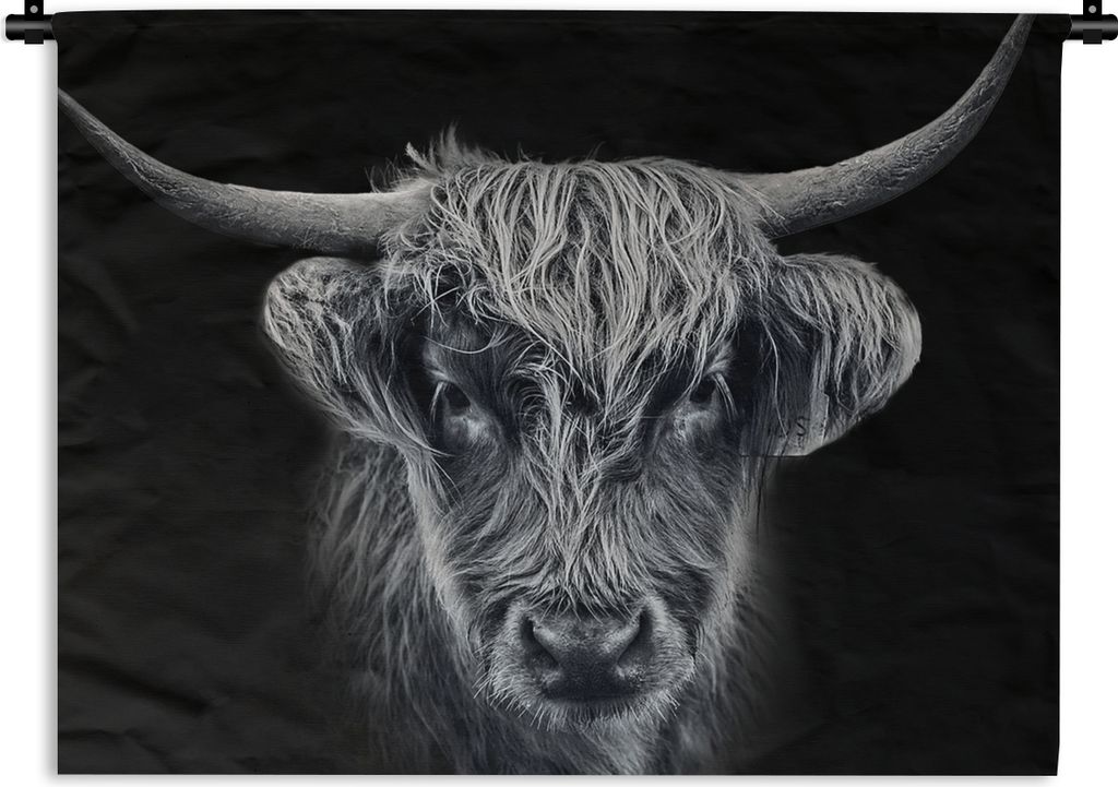 MuchoWow Wandteppich Wandbehang Schottischer Highlander - Schwarz - Kuh - Tiere 120x90 cm Tapisserie Dekoration Wandtuch - Wohnen - Aufhänger f...