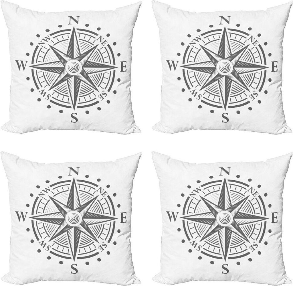 ABAKUHAUS Kompass Kissenbezug Set (4 Stück), Vintage Entdeckung, Moderner Doppelseitiger Digitaldruck, 60 cm x 60 cm, Grau und Weiß