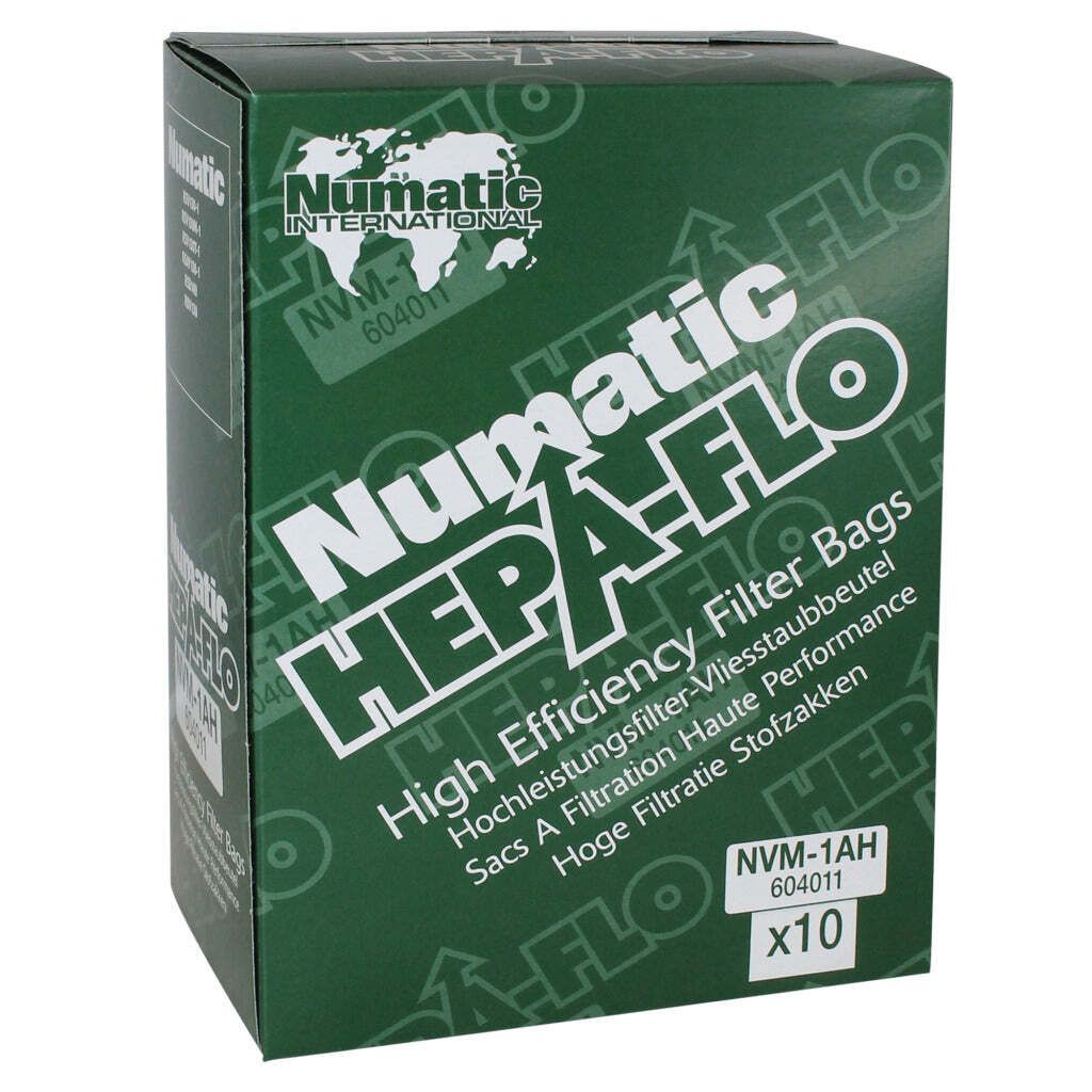 A green cardboard box for Numatic HEPA-FLO filter bags.