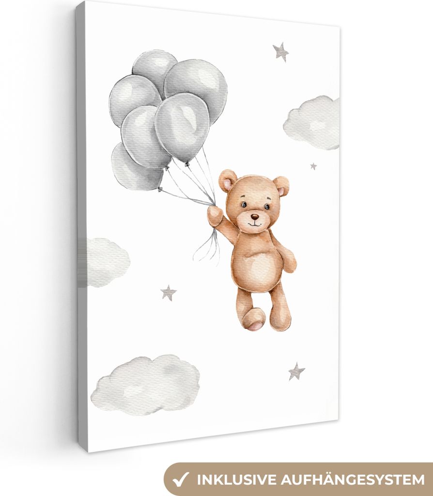 MuchoWow - Leinwandbilder - Bär - Luftballon - Sterne - Kinder, Wandbild, Wanddeko Bilder Wohnzimmer, 60x90 cm