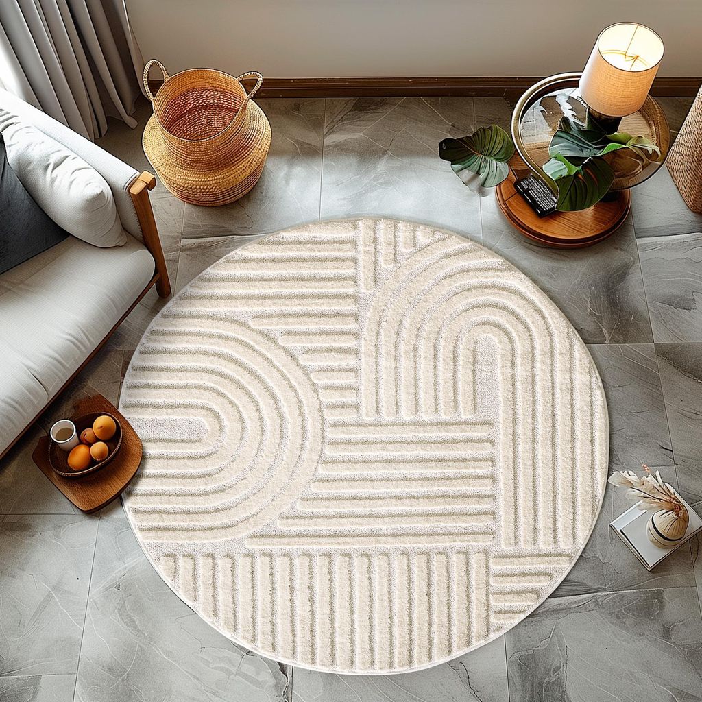 Homebyhome Hochflor Teppich Wohnzimmer Skandinavische Boho Design 3D Optik Teppich Shaggy Flauschig Weich, Grösse: 80 cm Rund