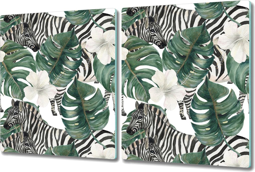 Glas-Herdabdeckplatte Glaskeramikkochfeld-Abdeckung Spritzschutz - 2x 40x52 cm - Zebra Tiere Blätter