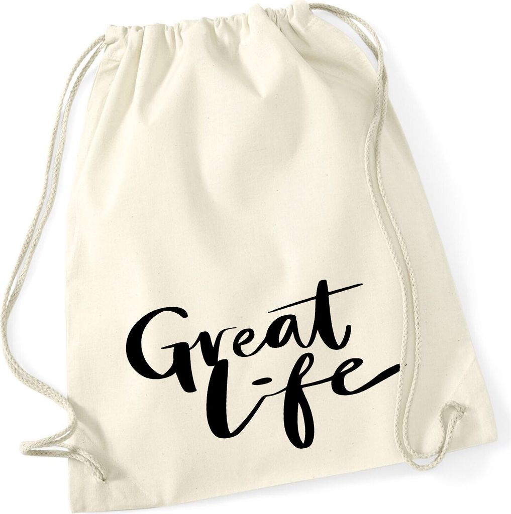 Huuraa Turnbeutel Great Life Schriftzug 12 Liter Natural Baumwolle Rucksack Geschenkidee