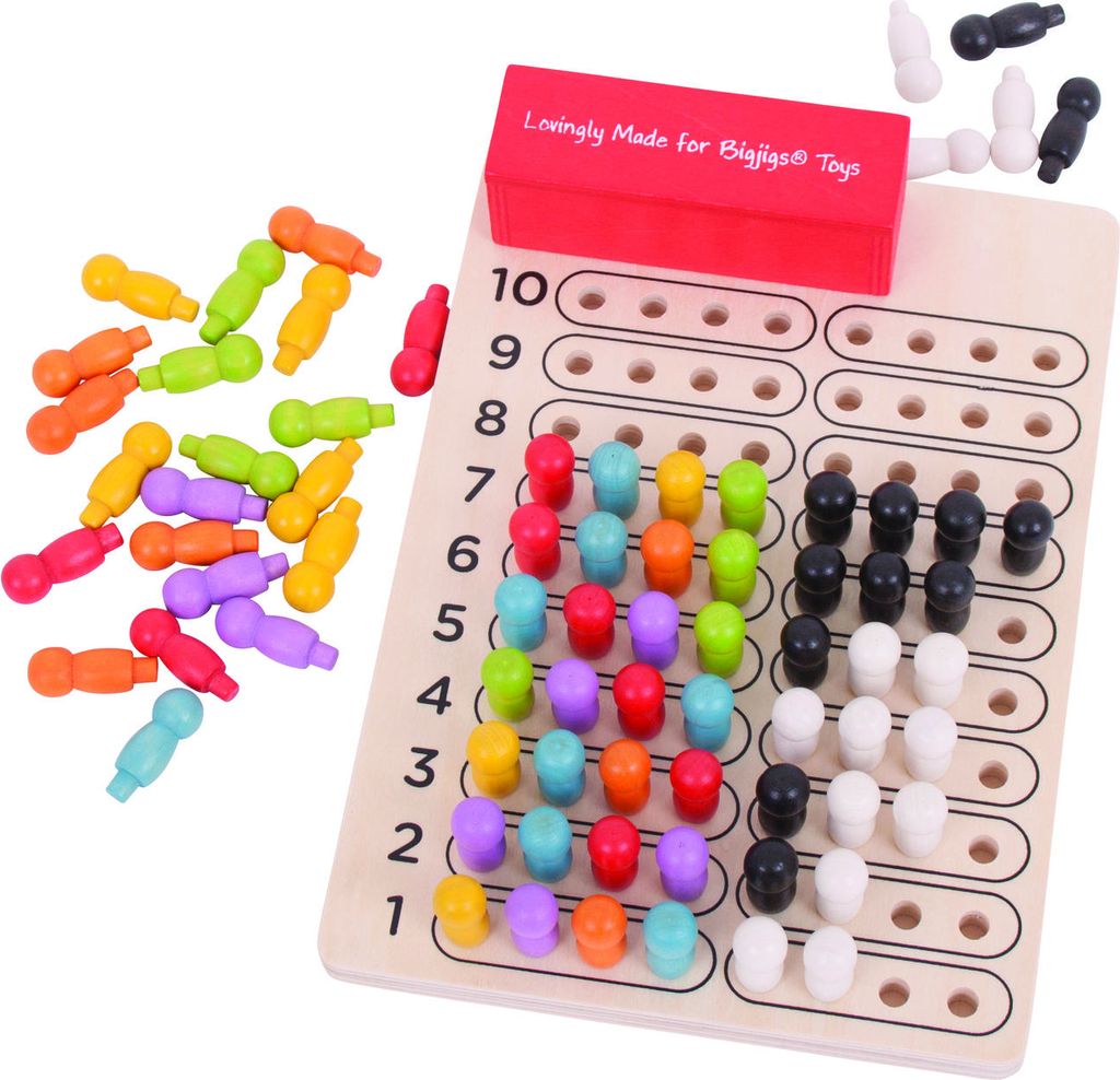 A wooden board game with colorful pegs and a red box. The board has numbered rows and columns for placing the pegs.