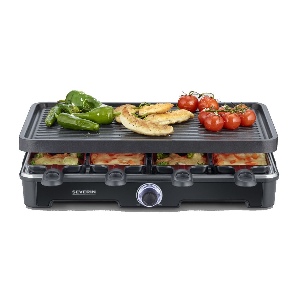 A Severin raclette grill is shown with food cooking on it, including chicken, vegetables, and tomatoes. Several raclette pans are visible underneath the grill plate.
