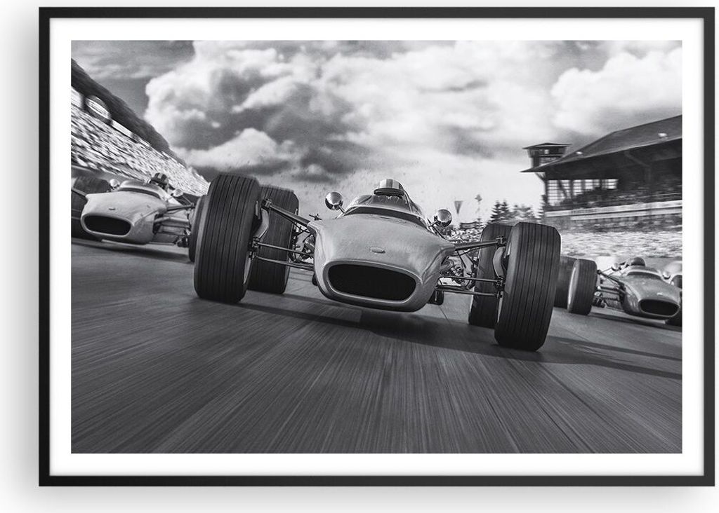 Gerahmtes Poster - Schwarzer Rahmen - Formel 1 Schwarz und Weiß - 100x70 cm - Wand Bild - Wanddeko - Wandbilder - Wandposter - Bilderrahmen - Bild...