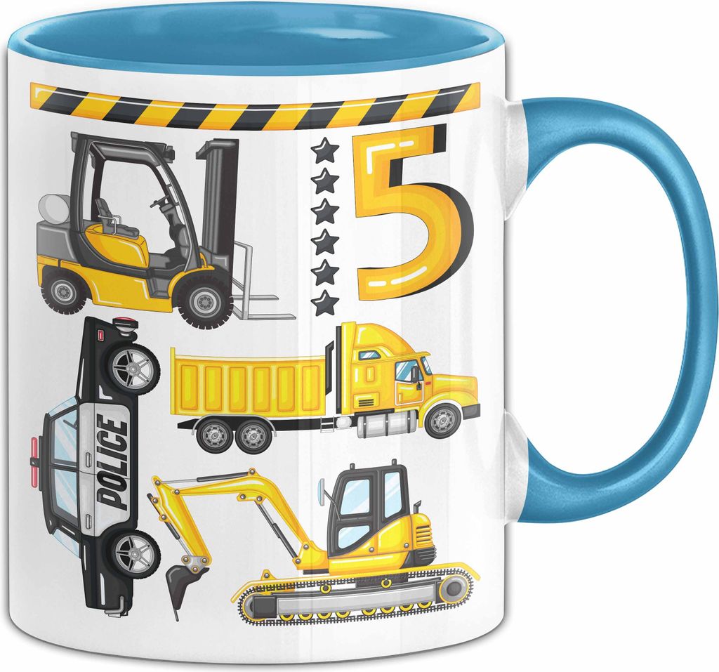 5. Geburtstag Geschenk Tasse Becher Jungen Jungs Baustelle Polizei Geburtstagsgeschenk 5 (Blau)