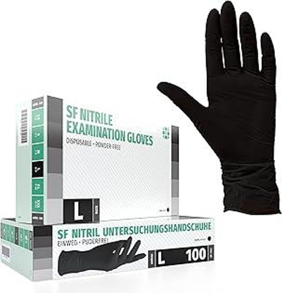 SF Nitrilhandschuhe L Schwarz – 100 Stück Einweghandschuhe, Einmalhandschuhe, Puderfrei, Latexfrei, Gummihandschuhe Einweg zum Kochen, Putzen, f...