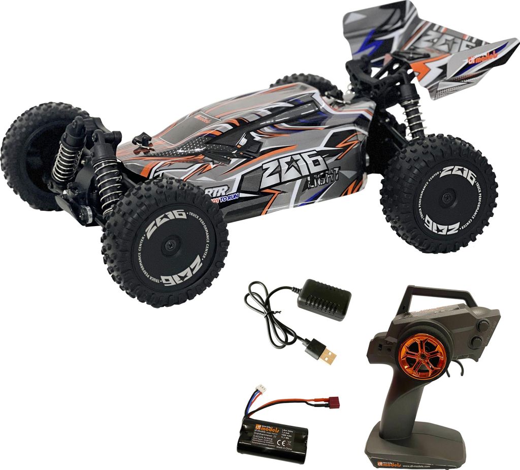 A remote-controlled buggy and its accessories are displayed against a white background.