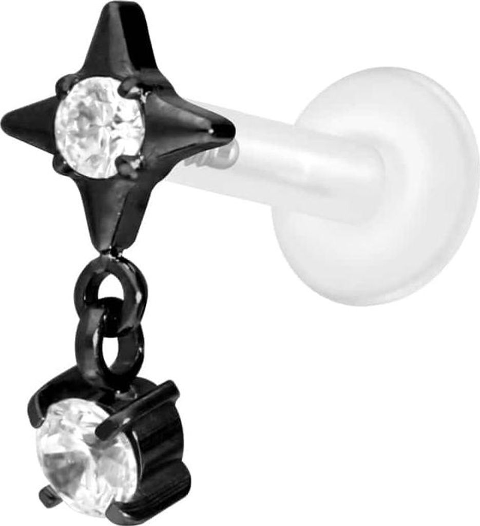 Ohrpiercing, Nasenpiercing PTFE Labret mit Innengewinde + Titan-Aufsatz STERN + KRISTALL Schwarz Stablänge: 7mm | Stabstärke: 1,6mm