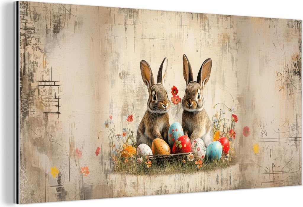 MuchoWow Wanddekoration Metall Metallbild Wandkunst 120x60 cm Kaninchen - Blumen - Eier MuchoWow Aluminium Gemälde - Metalbilder