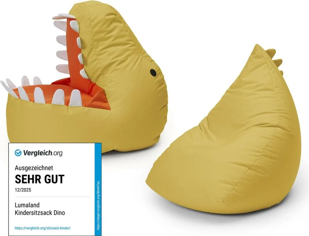 Set 2 Pouf Bambini Lumaland Dino Giallo Senape | Morbida Poltrona Sacco