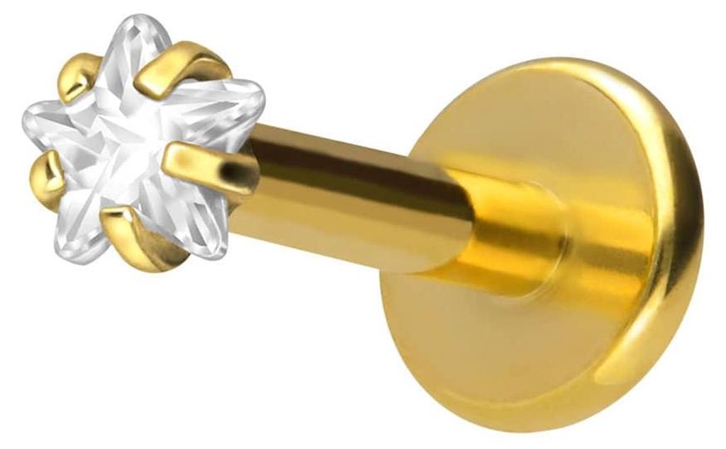 Ohrpiercing, Nasenpiercing Titan Labret mit Innengewinde EINGEFASSTER KRISTALLSTERN Gold Stablänge: 10mm | Stabstärke: 1,6mm