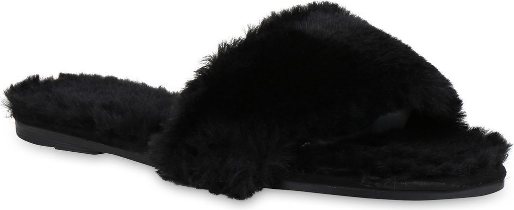 VAN HILL Damen Sandalen Kunstfell Pantoletten Warm Gefütterte Hausschuhe 818527, Farbe: Schwarz, Größe: 40