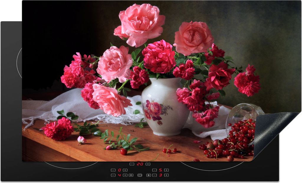 KitchenYeah Herdabdeckplatte Rosen - Stilleben - Rosa , 91x52cm, Küche Deko, Glaskeramikfeld Herdabdeckung, Abdeckplatte fùr Kochfeld