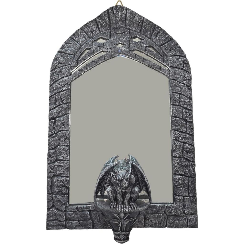 Fantasy Wandspiegel Gargoyle sitzt auf Podest gotisches Fenster