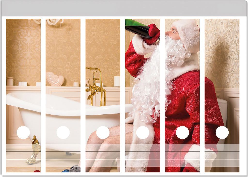 Wallario Ordnerrücken Sticker, selbstklebend für breite Ordner, 6 Stück, Motiv Betrunkener Weihnachtsmann mit Weinflasche auf dem Klo