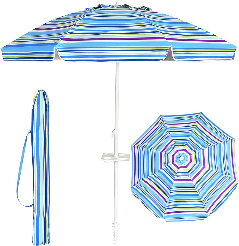 KOMFOTTEU Sonnenschirm 200 cm, Strandschirm mit Becherhalter & Tragetasche, beidseitig um 30° knickbar, Balkonschirm mit Sonnenschutz klappbar, Ga...