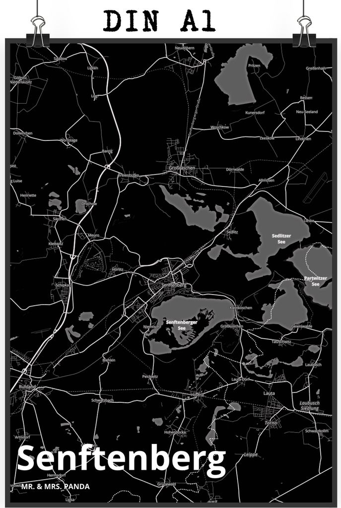 Mr. & Mrs. Panda Bild Senftenberg DIN A1 - Geschenk, drucke, kunstdruck poster, Stadt Dorf Karte Landkarte Map Stadtplan, Wandbild, Wanddekoration,...