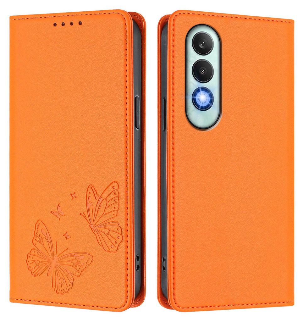 Lederhülle für OnePlus Nord CE4, Schmetterling Prägung Leder Brieftasche Schutzhülle mit Ständer Orange