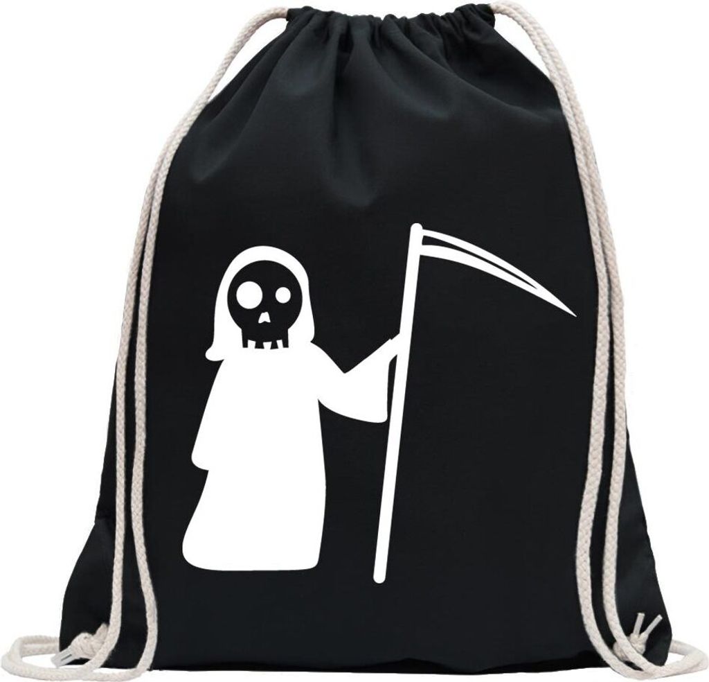 Kiwistar - Turnbeutel - schwarz - Sensenmann Comic Tod Death Grusel - Fun Rucksack Sport Beutel Gymsack Baumwolle mit Ziehgurt