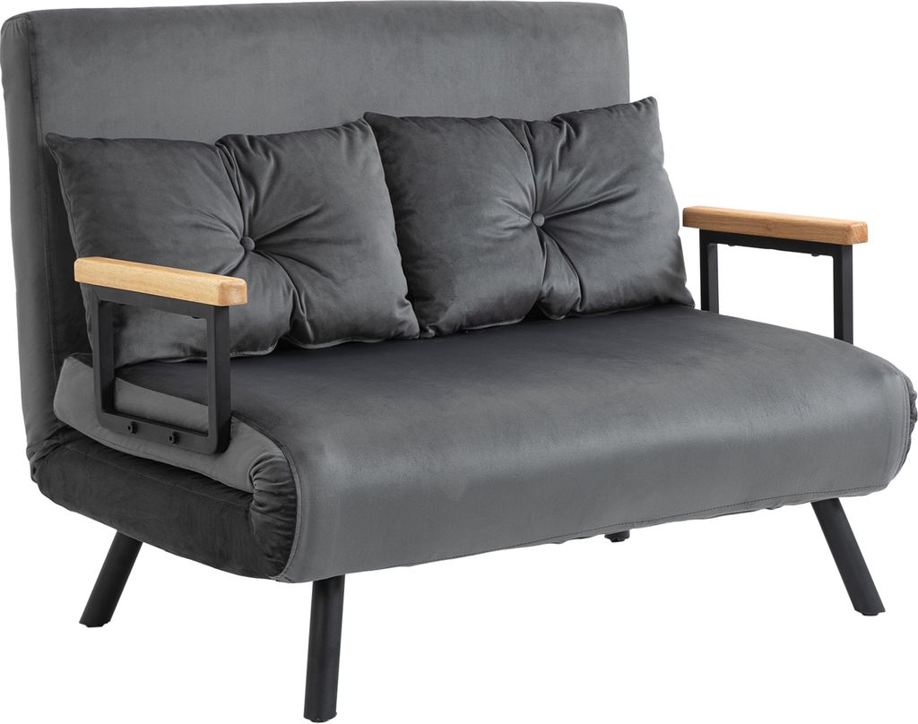 A dark gray sofa with two pillows and wooden armrests is shown against a white background.