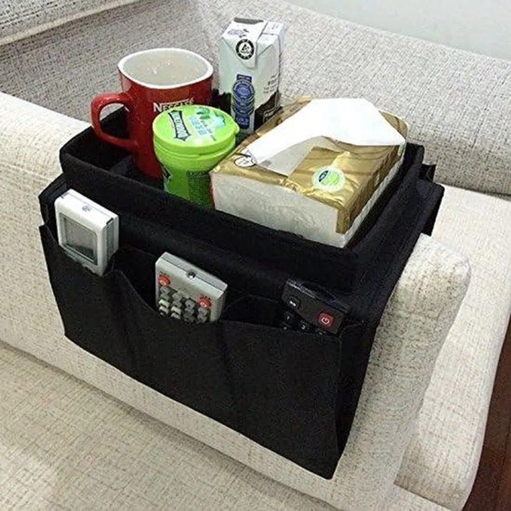 Organisateur de canapé noir avec plateau rigide pour tasse et objets