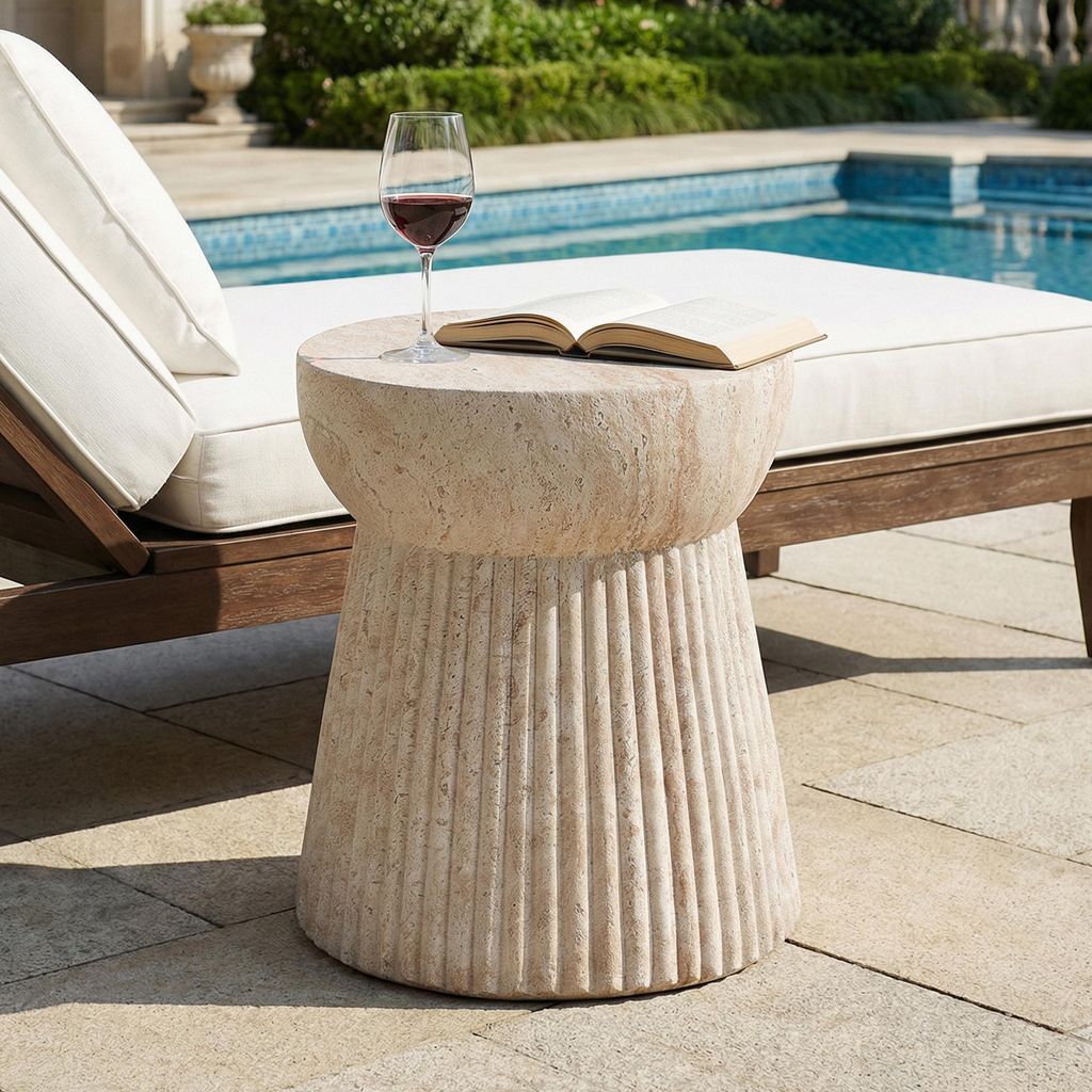 Flieks Runder Gartentisch Balkontisch aus MgO, Beistelltisch für Garten und Balkon, Esstisch Couchtisch Travertinoptik, 38x38x43 cm, Beige