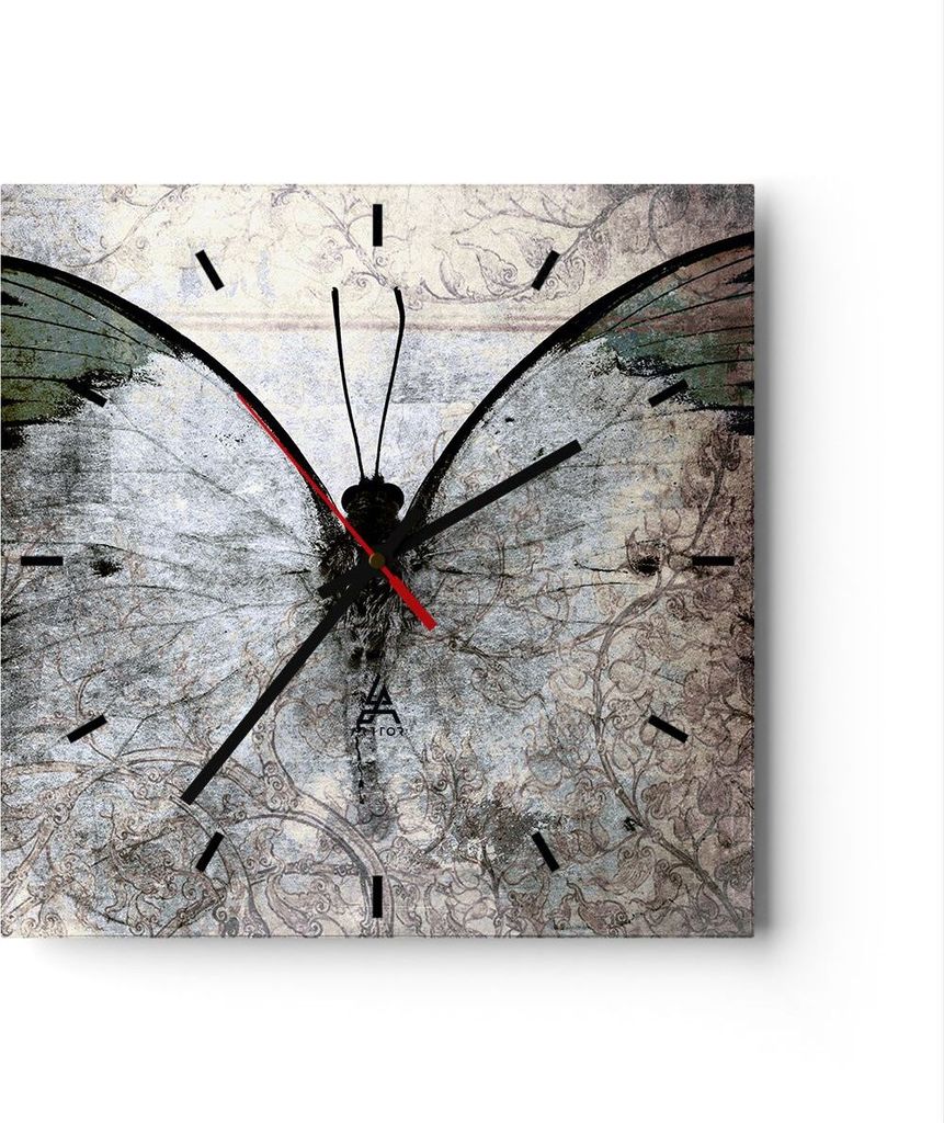 Wanduhr - Quadrat - Glasuhr - Schmetterling Abstraktion - 40x40cm - Schleichendes Uhrwerk - Lautlos - zum Aufhängen bereit - Dekoration Modern - W...