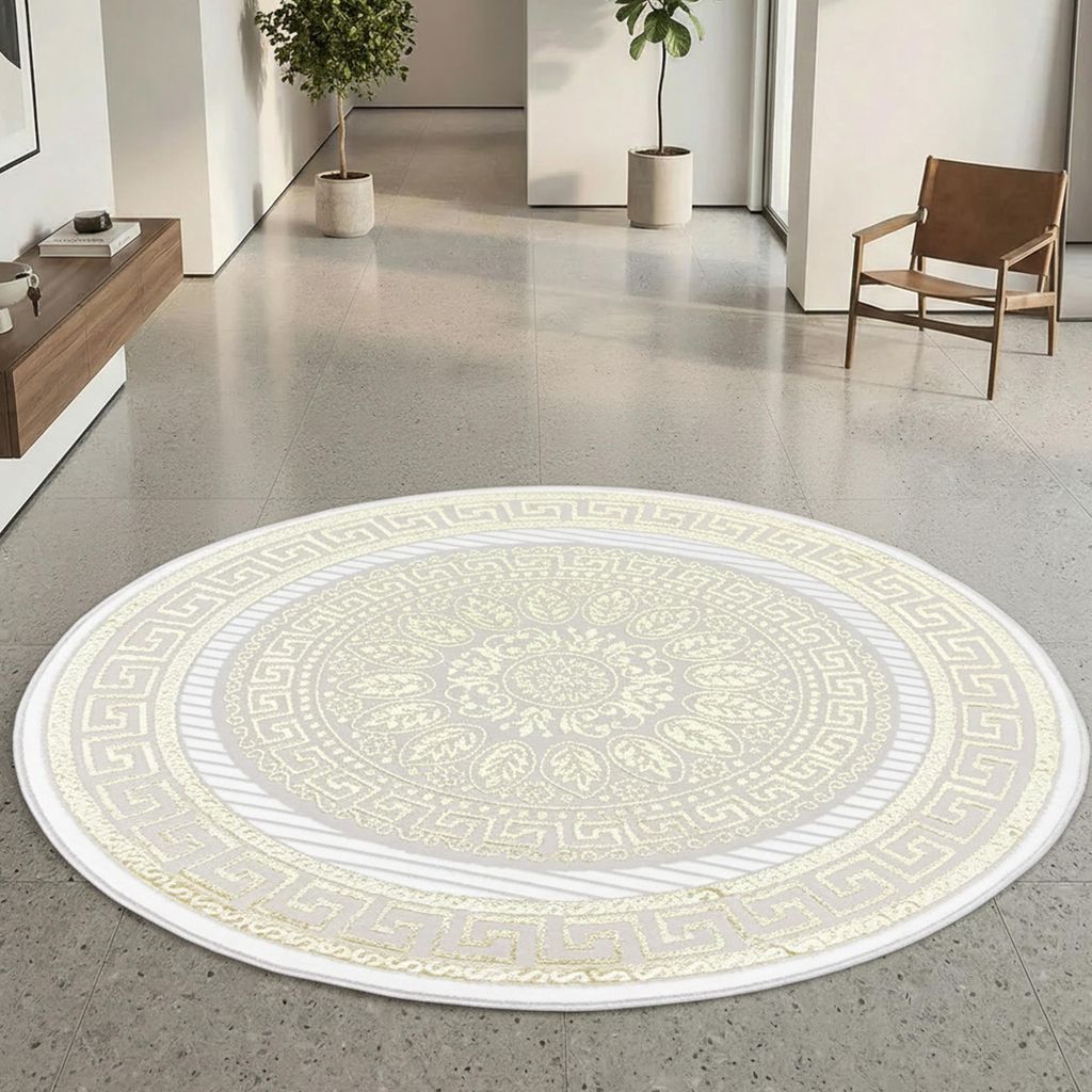 Glänzender Designerteppich mit Orientalischem Muster in weiß-gold Größe - 160 cm Rund