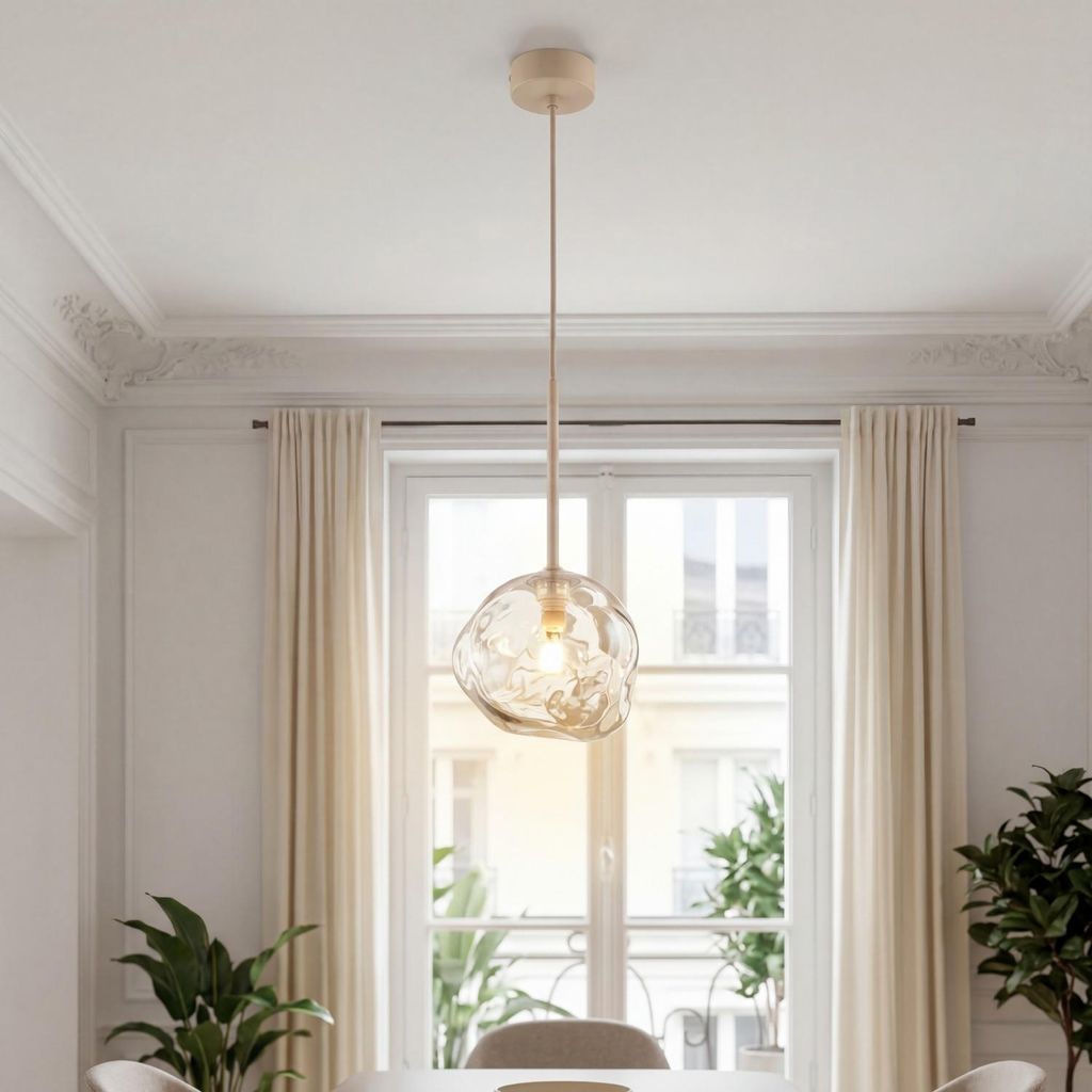 Hängeleuchte Metall Rauchglas D: 15 cm H: max. 150 cm Beige Cognac G9 rund Modern