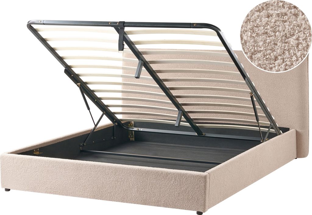 BELIANI Polsterbett Taupe Bouclé mit Bettkasten Lattenrost 160x200 cm Hochklappbar Hohes Kopfteil Stauraumbett Stoffbett Doppelbett für Schlafzimmer