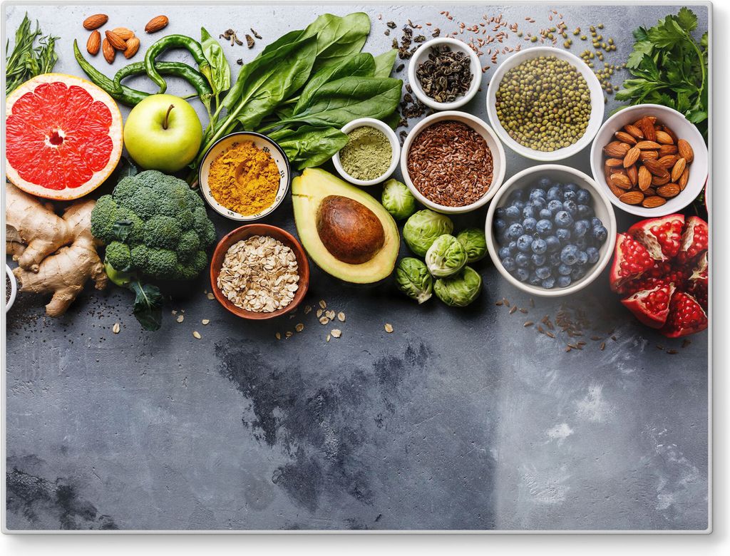 DEQORI Schneidebrett Glas 40x30 cm 'Auswahl an Superfood' Schneideplatte groß