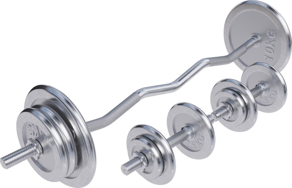 GORILLA SPORTS Hantelset 70kg - 4x1,25kg, 4x2,5kg, 4x5kg, 2x10kg Gewichte, SZ Curlstange 120cm, 2 Kurzhanteln, 30mm, 6 Sternverschlüsse, geränd...