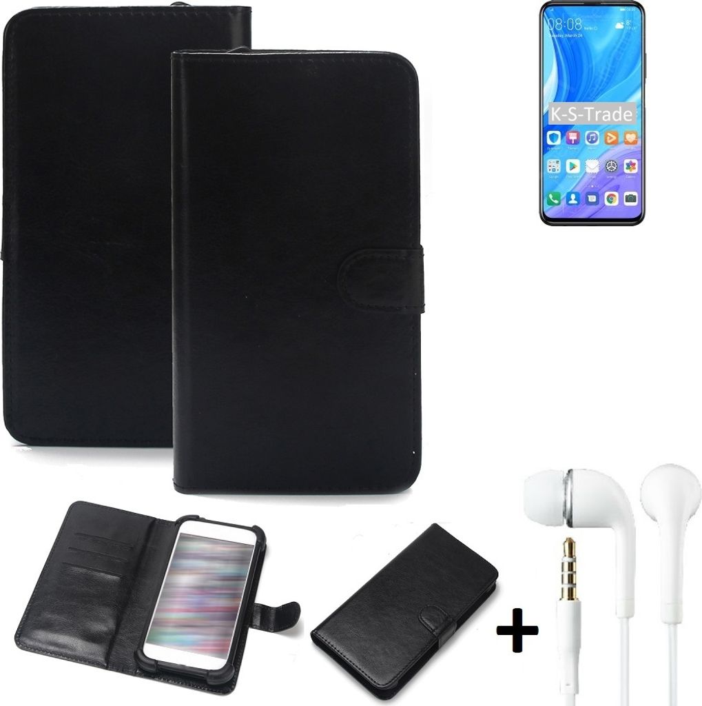 K-S-Trade Wallet Case Handyhülle kompatibel mit Huawei Y9s Schutzhülle Flip cover Flipstyle Tasche Hülle Flipcover Slim Bumper schwarz + in ear