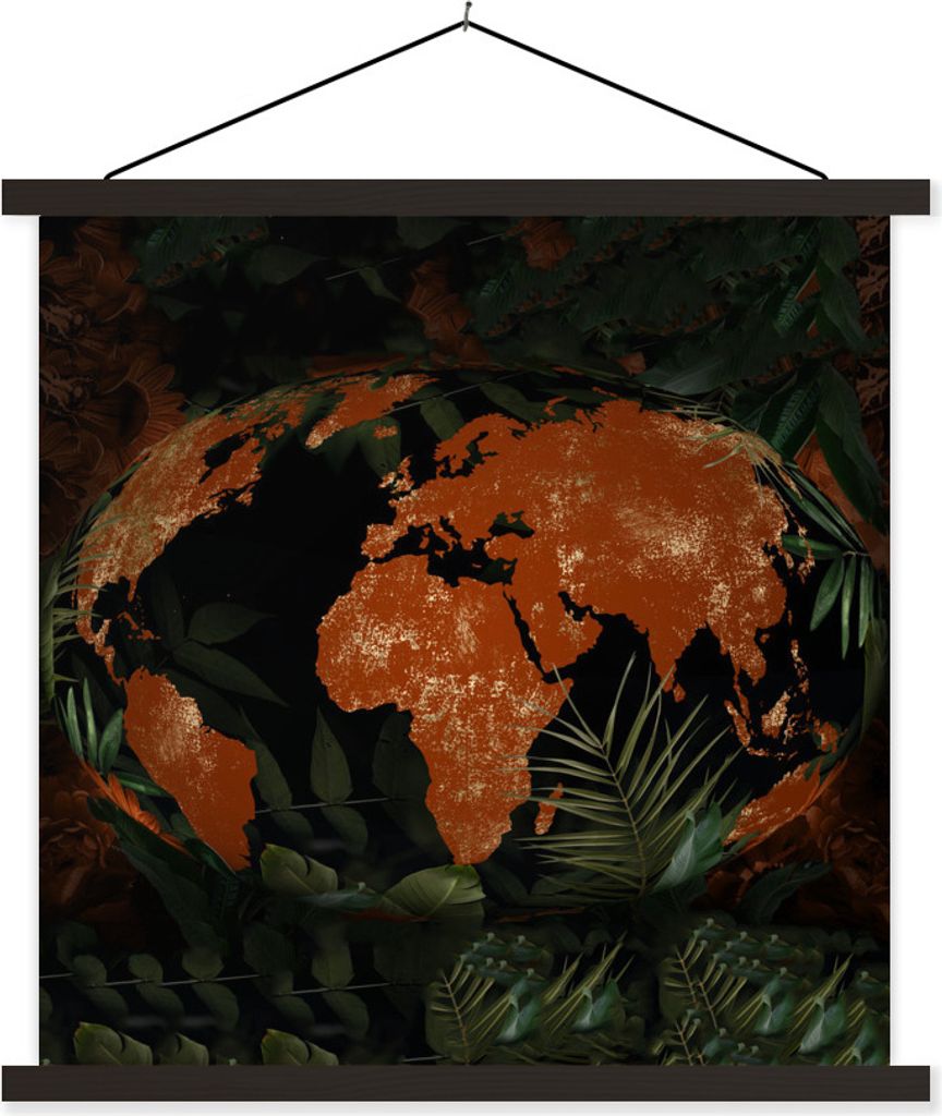 MuchoWow Textilposter Weltkarte - Pflanzen - Rot 40x40 cm mit schwarzem Rahmen - Fotos