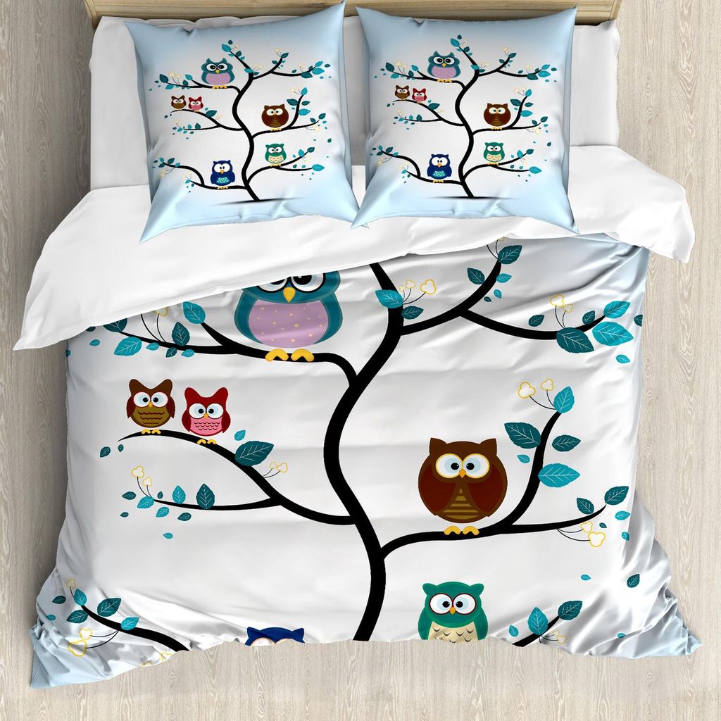 ABAKUHAUS Eule Bettbezug Set, Eulen Familie Thront Auf Einem Baum Love Grace Nachtaugentiere Im Natur Druck, 155 x 220 cm + 80 x 80 cm, Mehrfarbig