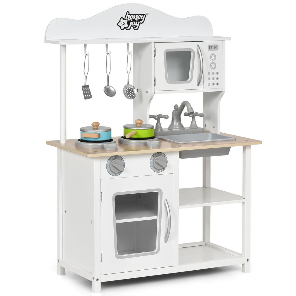 COSTWAY Kinderküche Holz, Kinder Spielküche mit Zubehör, Spielzeugküche Holzküche mit Spüle Backofen Mikrowelle & Herd, Küche-Set Weiß