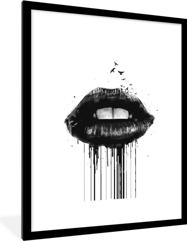MuchoWow Gerahmtes Poster Lippen - Schwarz - Vögel - Abstrakt 60x80 cm - Poster mit Schwarzem Bilderrahmen Wandposter Rahmen Foto Bilder - Wohnz...